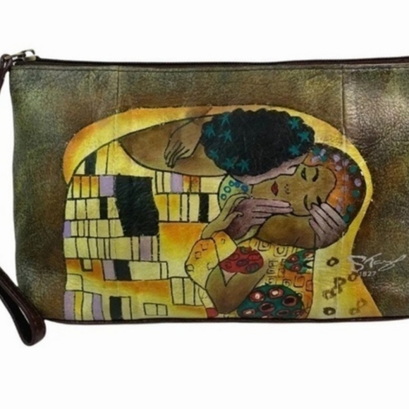 Sharif Artistic Expressions 1827 Leather Cosmetic Bag Hand Painted Klimt EUC - Picture 2 of 4